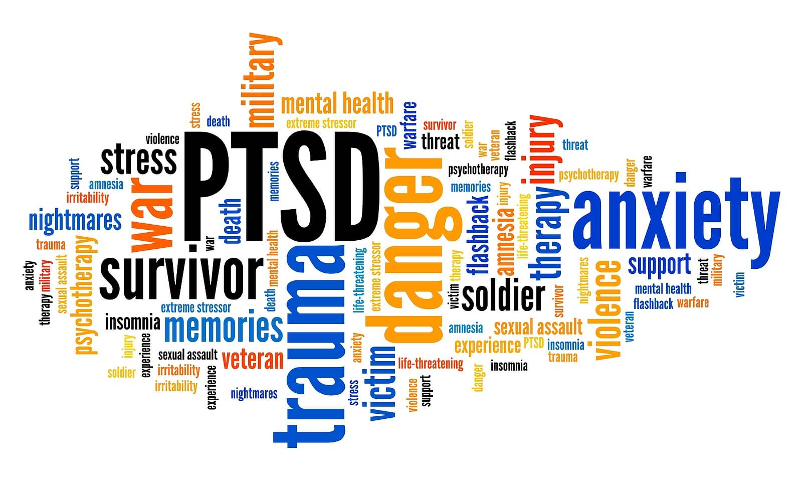 Collage of words related to PTSD. What is pTSD? It is a real and treatable mental health issue that can be addressed wth our PTSD therapist in Ohio and Kentucky.