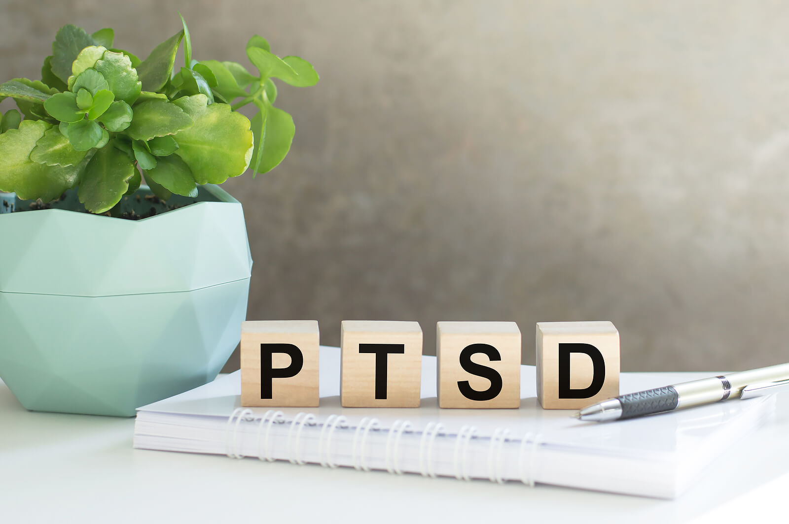 Tiles spell out PTSD next to a small plant. PE therapy is shown to help treat PTSD effectively. Prolonged exposure therapy in Ohio is available to help!