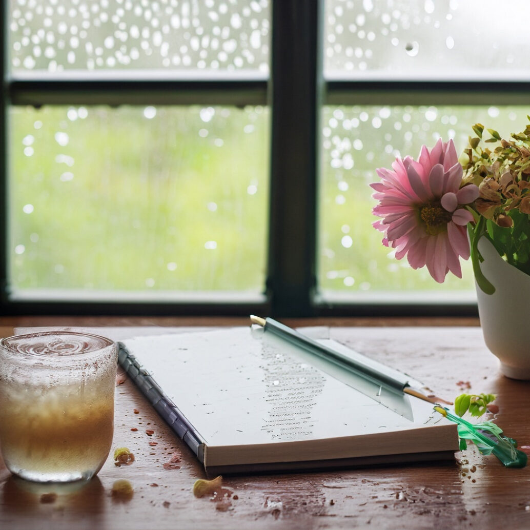 A journal sits on the table on a rainy day representing working with an Online Trauma Therapist in New York.